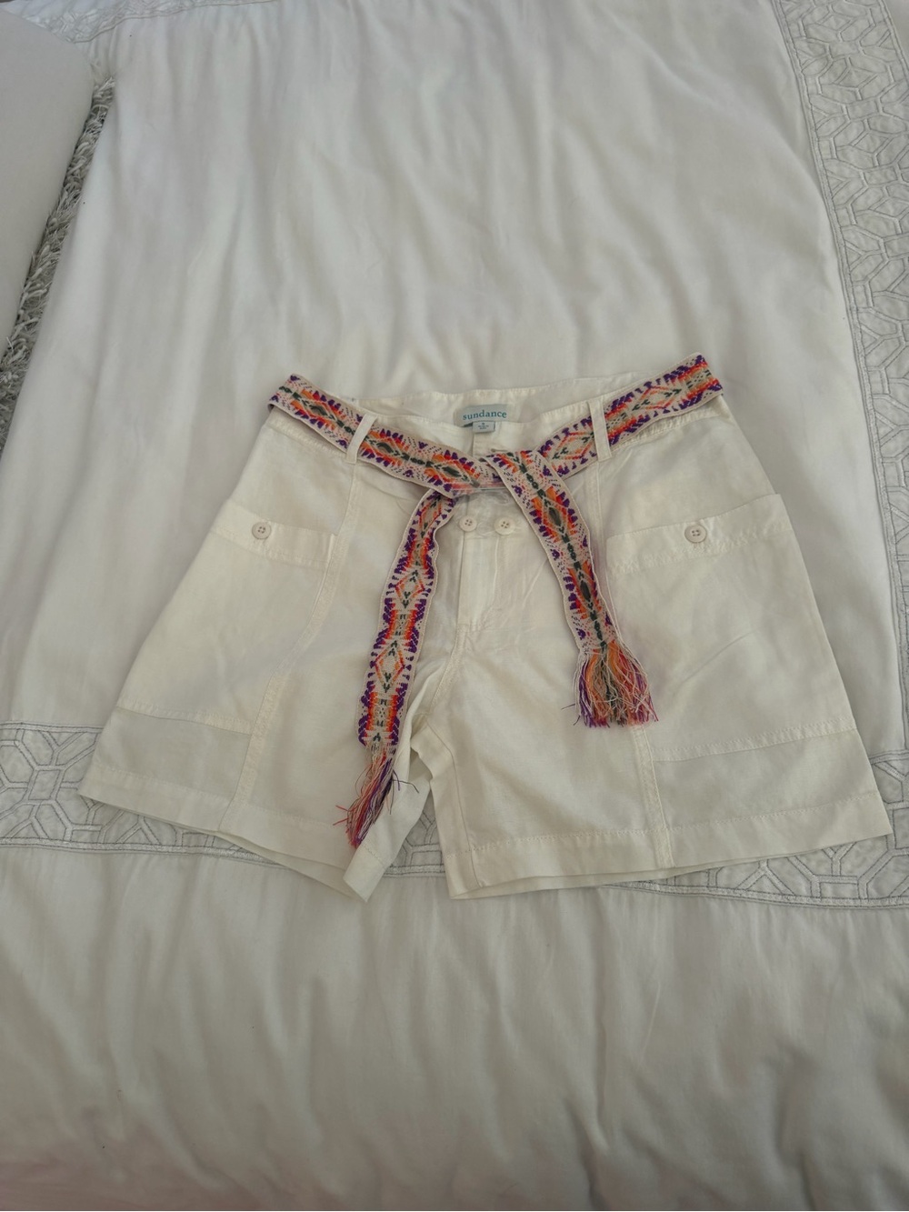 Sundance Cream Cotton Bermuda Shorts with Multicolor Woven Belt